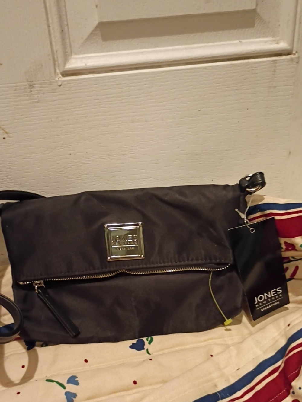 Jones New York Black Nylon Crossbody with Silver Hardware